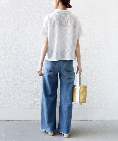 SHIPS(シップス)の「【WEB限定】〈手洗い可能〉シアー ジャカード ポロ 襟 ショート スリーブ プルオーバー(Tシャツ/カットソー・レディース・ライトブルー/ブラック/オフホワイト・ONE SIZE)」の6枚目の写真