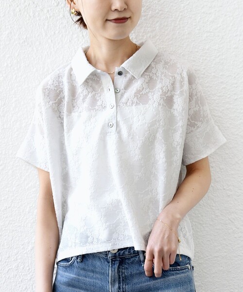 SHIPS(シップス)の「【WEB限定】〈手洗い可能〉シアー ジャカード ポロ 襟 ショート スリーブ プルオーバー(Tシャツ/カットソー・レディース・ライトブルー/ブラック/オフホワイト・ONE SIZE)」の8枚目の写真