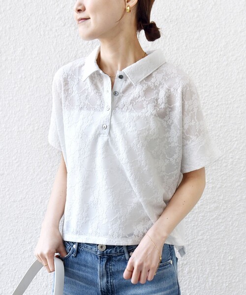 SHIPS(シップス)の「【WEB限定】〈手洗い可能〉シアー ジャカード ポロ 襟 ショート スリーブ プルオーバー(Tシャツ/カットソー・レディース・ライトブルー/ブラック/オフホワイト・ONE SIZE)」の9枚目の写真