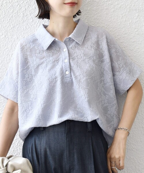 SHIPS(シップス)の「【WEB限定】〈手洗い可能〉シアー ジャカード ポロ 襟 ショート スリーブ プルオーバー(Tシャツ/カットソー・レディース・ライトブルー/ブラック/オフホワイト・ONE SIZE)」の18枚目の写真
