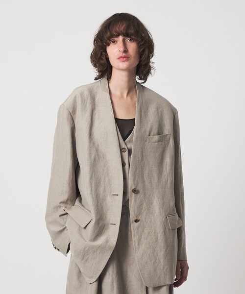 6（ロク）の「＜6(ROKU)＞麻ブレンド ノーカラー ジャケット（テーラードジャケット・レディース・ベージュ/ブラック・38/36）」の5枚目の写真