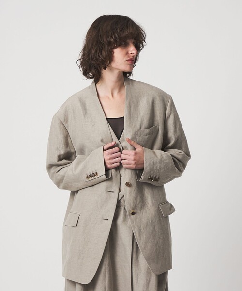 6（ロク）の「＜6(ROKU)＞麻ブレンド ノーカラー ジャケット（テーラードジャケット・レディース・ベージュ/ブラック・38/36）」の6枚目の写真