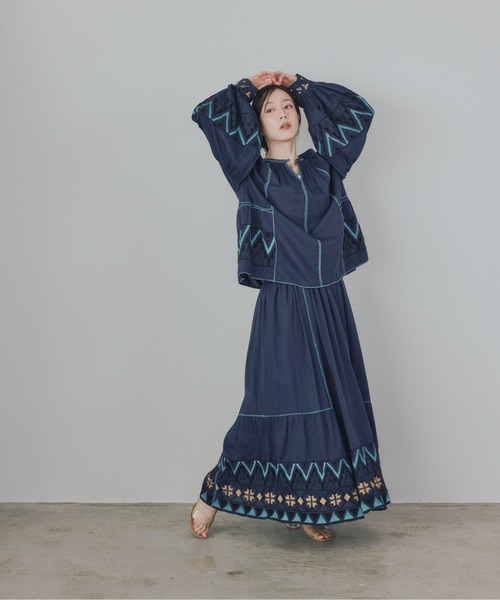Pqran(クラン)の「カラー刺繍スカート(スカート・レディース・ミント/ネイビー/オフホワイト・FREE)」の8枚目の写真