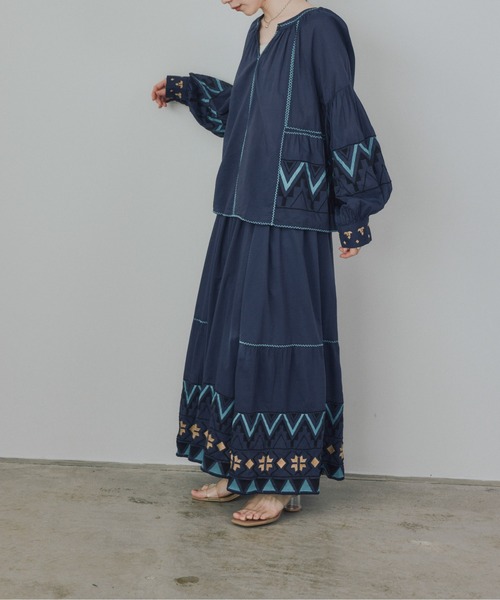Pqran(クラン)の「カラー刺繍スカート(スカート・レディース・ミント/ネイビー/オフホワイト・FREE)」の10枚目の写真