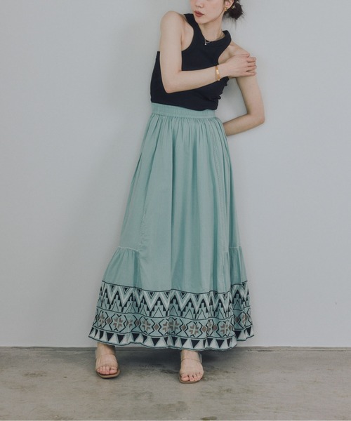 Pqran(クラン)の「カラー刺繍スカート(スカート・レディース・ミント/ネイビー/オフホワイト・FREE)」の12枚目の写真