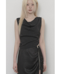 Draped Belt Satin Tank Top (Black)