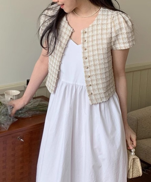 FREE STYLISTS(フリー スタイリスト)の「YUGA_YGMC Korean style tweed cropped jacket(ノーカラージャケット・レディース・オフホワイト/ブルー・FREE)」の12枚目の写真