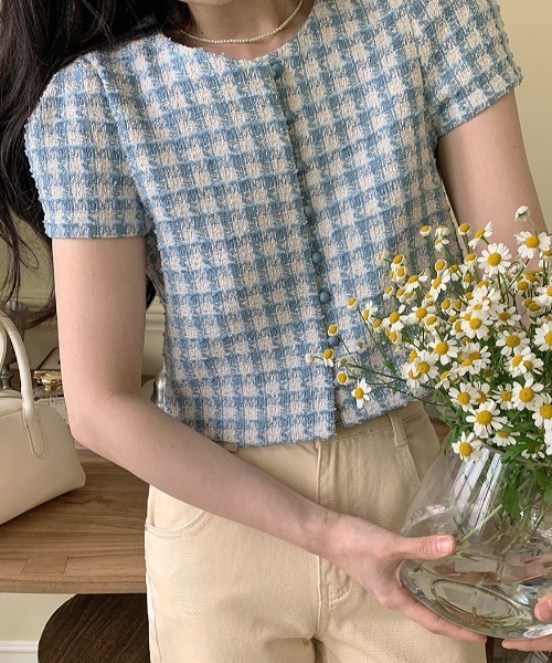 FREE STYLISTS(フリー スタイリスト)の「YUGA_YGMC Korean style tweed cropped jacket(ノーカラージャケット・レディース・オフホワイト/ブルー・FREE)」の21枚目の写真