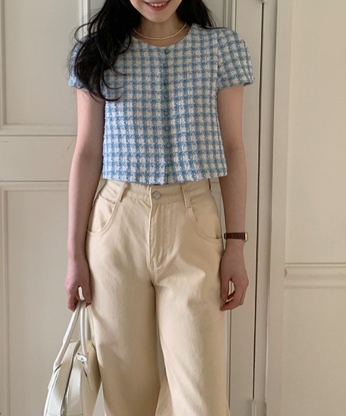 FREE STYLISTS(フリー スタイリスト)の「YUGA_YGMC Korean style tweed cropped jacket(ノーカラージャケット・レディース・オフホワイト/ブルー・FREE)」の19枚目の写真