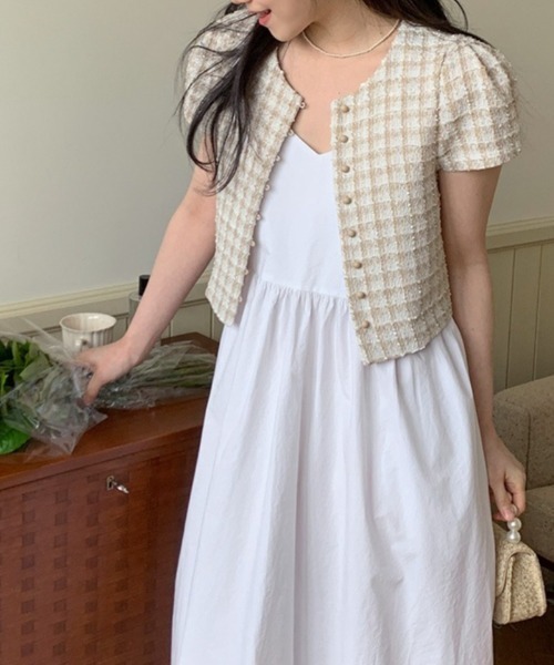 FREE STYLISTS(フリー スタイリスト)の「YUGA_YGMC Korean style tweed cropped jacket(ノーカラージャケット・レディース・オフホワイト/ブルー・FREE)」の11枚目の写真