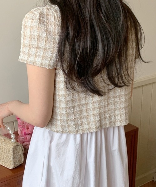 FREE STYLISTS(フリー スタイリスト)の「YUGA_YGMC Korean style tweed cropped jacket(ノーカラージャケット・レディース・オフホワイト/ブルー・FREE)」の8枚目の写真