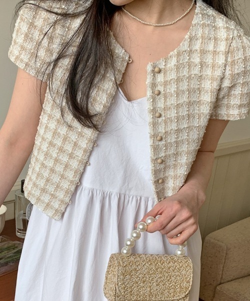 FREE STYLISTS(フリー スタイリスト)の「YUGA_YGMC Korean style tweed cropped jacket(ノーカラージャケット・レディース・オフホワイト/ブルー・FREE)」の7枚目の写真