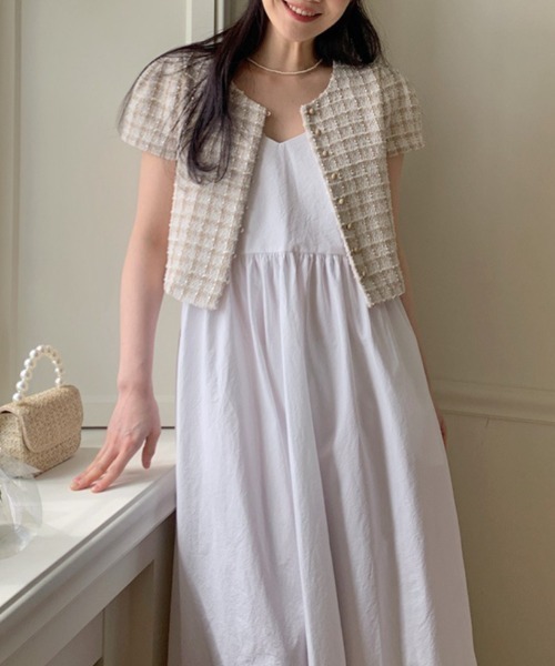 FREE STYLISTS(フリー スタイリスト)の「YUGA_YGMC Korean style tweed cropped jacket(ノーカラージャケット・レディース・オフホワイト/ブルー・FREE)」の9枚目の写真