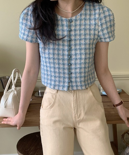 FREE STYLISTS(フリー スタイリスト)の「YUGA_YGMC Korean style tweed cropped jacket(ノーカラージャケット・レディース・オフホワイト/ブルー・FREE)」の22枚目の写真