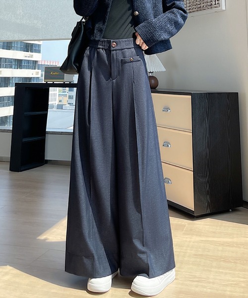 2ly2(トゥーリートゥー)の「ワイドパンツ レディース タックパンツ ロング 無地 ストレート ゆったり ウエストゴム(その他パンツ・レディース・ブラック/ブルー/ブラウン・FREE)」の1枚目の写真