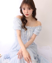 セール】背中あき配色リボンシャーリングロングワンピ（ワンピース