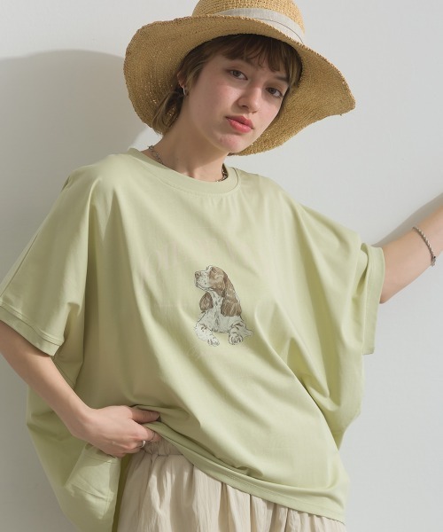 le colis（ルコリ）の「接触冷感 ゆるドルマン スパニエル プリント Tシャツ（Tシャツ/カットソー・レディース・ライトグリーン/オフホワイト/チャコールグレー・FREE）」の3枚目の写真