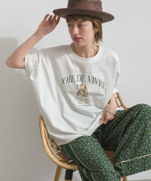 le colis（ルコリ）の「接触冷感 ゆるドルマン スパニエル プリント Tシャツ（Tシャツ/カットソー・レディース・ライトグリーン/オフホワイト/チャコールグレー・FREE）」の4枚目の写真