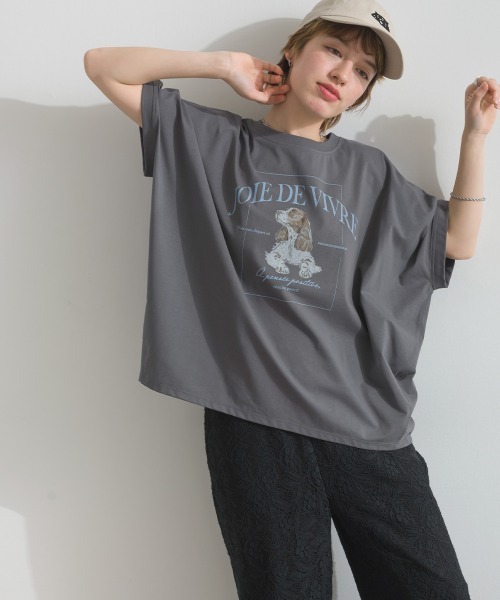 le colis（ルコリ）の「接触冷感 ゆるドルマン スパニエル プリント Tシャツ（Tシャツ/カットソー・レディース・ライトグリーン/オフホワイト/チャコールグレー・FREE）」の16枚目の写真