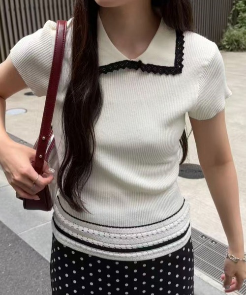mebole(メボレ)の「Contrast Line Collar Knit(ニット/セーター・レディース・ブラック/ホワイト・FREE)」の16枚目の写真