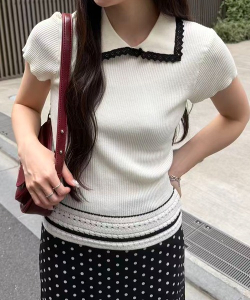 mebole(メボレ)の「Contrast Line Collar Knit(ニット/セーター・レディース・ブラック/ホワイト・FREE)」の17枚目の写真