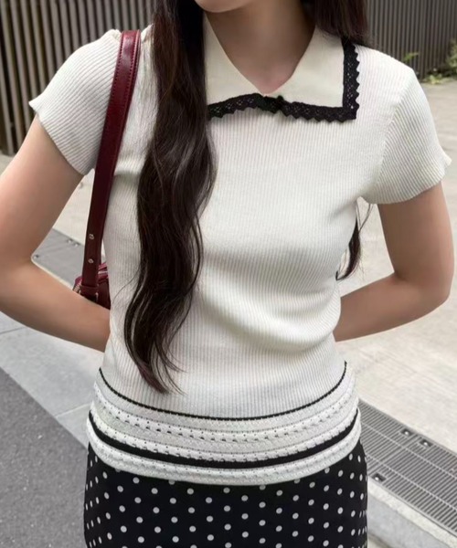 mebole(メボレ)の「Contrast Line Collar Knit(ニット/セーター・レディース・ブラック/ホワイト・FREE)」の18枚目の写真