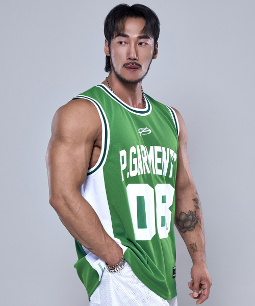 PHYSICAL GARMENTS（フィジカルガーメンツ）の「P2574 バスケットボールメッシュジャージノースリーブ [3COLOR]（Tシャツ/カットソー・メンズ・ブラック/グリーン/チャコール・LARGE/XX-LARGE）」の4枚目の写真