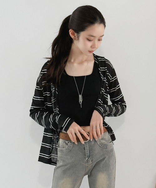 Jewelobe(ジュエローブ)の「ボーダー柄フロントボタンフーディーシャツ(シャツ/ブラウス・レディース・ホワイト/ブラック・FREE)」の9枚目の写真