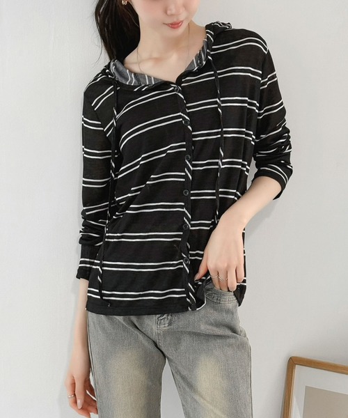 Jewelobe(ジュエローブ)の「ボーダー柄フロントボタンフーディーシャツ(シャツ/ブラウス・レディース・ホワイト/ブラック・FREE)」の14枚目の写真
