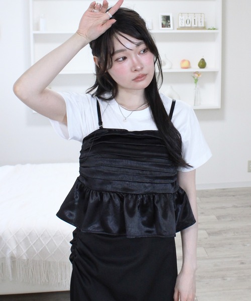 Reurie'(レウリィ)の「オリジナルサテンキャミビスチェ(セットアップ対応) ビスチェ ペプラム ピンク ブラック ベージュ セット 2way(チューブトップ・レディース・ピンク/アイボリー/ブラック・FREE)」の16枚目の写真