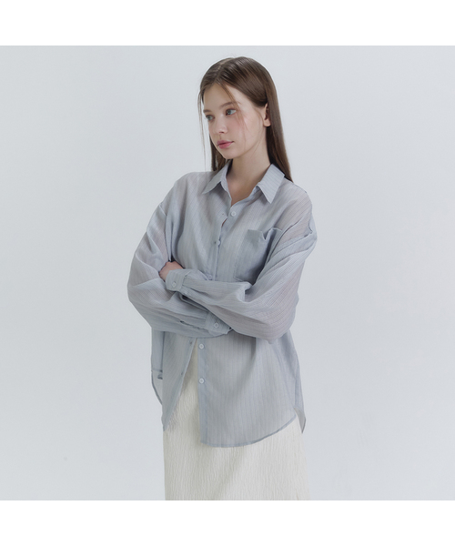 MICANE(ミケーネ)の「メルルーンストライプシースルーシャツ(シャツ/ブラウス・レディース・ライトグレー/アイボリー・SMALL/X-LARGE/MEDIUM/LARGE)」の1枚目の写真