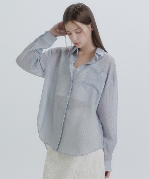 MICANE(ミケーネ)の「メルルーンストライプシースルーシャツ(シャツ/ブラウス・レディース・ライトグレー/アイボリー・SMALL/X-LARGE/MEDIUM/LARGE)」の7枚目の写真