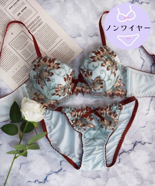 【ノンワイヤー/ラクして整う！ストレスフリーで上品なフィット感♪】上下セット/M-LL/脇高ビビットフラワー刺繍