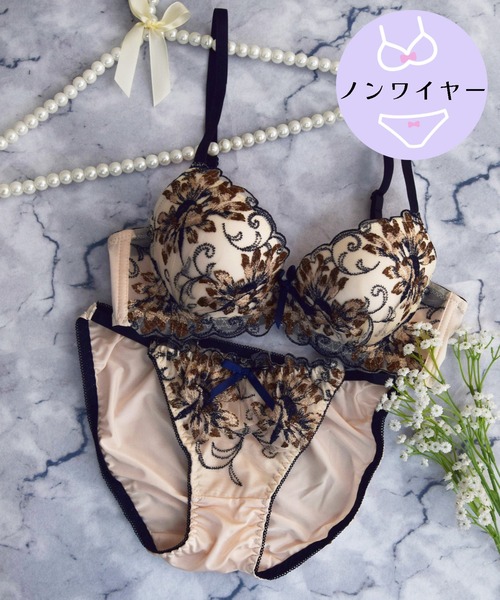 【ノンワイヤー/ラクして整う！ストレスフリーで上品なフィット感♪】上下セット/M-LL/脇高ビビットフラワー刺繍