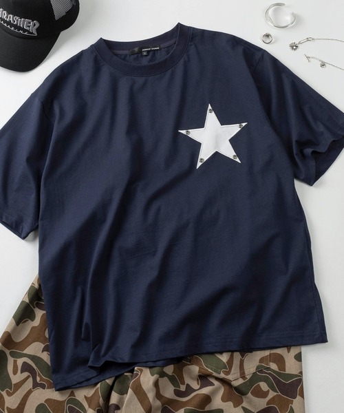 SlashDate(スラッシュデイト)の「【82】スター ワッペン スタッズ クルーネックTシャツ/Y2K/ユニセックス/レディース/メンズ(Tシャツ/カットソー・レディース・ネイビー/ホワイト/ブラック・L/M)」の16枚目の写真