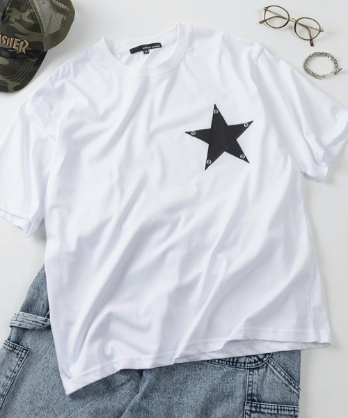 SlashDate(スラッシュデイト)の「【82】スター ワッペン スタッズ クルーネックTシャツ/Y2K/ユニセックス/レディース/メンズ(Tシャツ/カットソー・レディース・ネイビー/ホワイト/ブラック・L/M)」の15枚目の写真