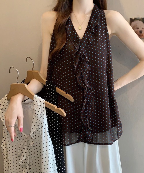ADDITION STORE(アディションストア)の「\スタイルアップ♪細見えシルエット/ドット柄 ルーズシルエット フリルノースリーブ プルオーバ チュニック 裏地付き(チュニック・レディース・ブラック/ホワイト/ブラウン・MEDIUM/LARGE)」の10枚目の写真