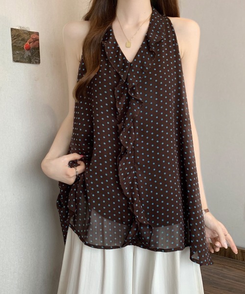 ADDITION STORE(アディションストア)の「\スタイルアップ♪細見えシルエット/ドット柄 ルーズシルエット フリルノースリーブ プルオーバ チュニック 裏地付き(チュニック・レディース・ブラック/ホワイト/ブラウン・MEDIUM/LARGE)」の12枚目の写真
