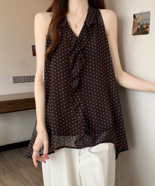 ADDITION STORE(アディションストア)の「\スタイルアップ♪細見えシルエット/ドット柄 ルーズシルエット フリルノースリーブ プルオーバ チュニック 裏地付き(チュニック・レディース・ブラック/ホワイト/ブラウン・MEDIUM/LARGE)」の13枚目の写真