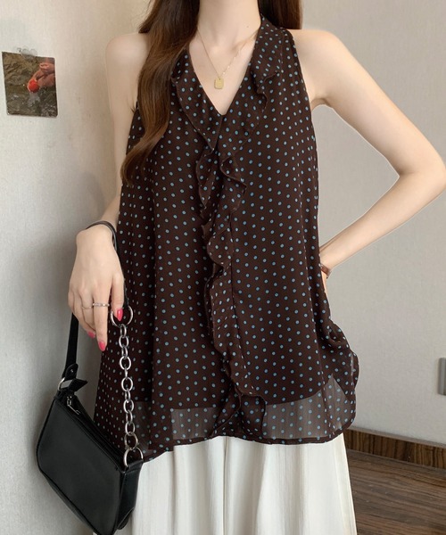 ADDITION STORE(アディションストア)の「\スタイルアップ♪細見えシルエット/ドット柄 ルーズシルエット フリルノースリーブ プルオーバ チュニック 裏地付き(チュニック・レディース・ブラック/ホワイト/ブラウン・MEDIUM/LARGE)」の14枚目の写真