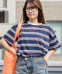 Boxy-Fit Wide-Stripe T-Shirt / ボックスシルエット ワイドボーダーTシャツ リブ コットン レディース 韓国 秋 秋服 2026年秋冬