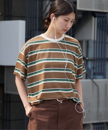 Boxy-Fit Wide-Stripe T-Shirt / ボックスシルエット ワイドボーダーTシャツ リブ コットン レディース 韓国 秋 秋服 2026年秋冬