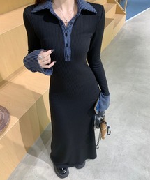 【圧倒的痩せ見え】配色ポロネック リブニットマキシワンピース ロング丈 フレアスリーブ タイトフィット