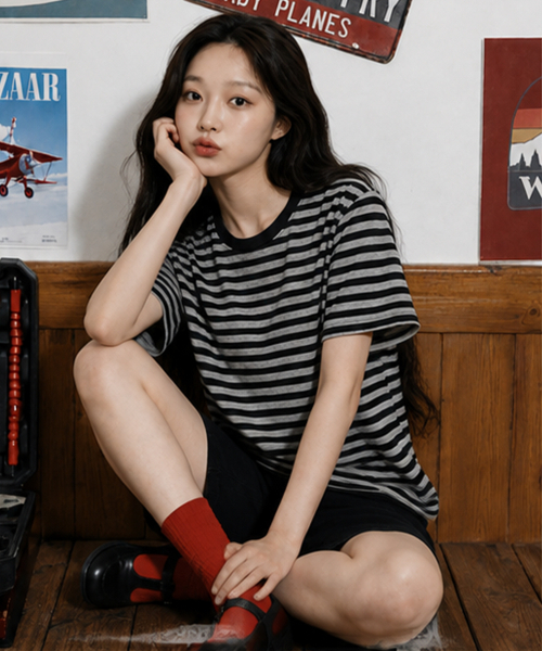 VANNWORKS（バンワークス）の「ストライプクロップ半袖Tシャツ (VS0302) ブラック（Tシャツ/カットソー・メンズ・その他・MEDIUM/LARGE/X-LARGE）」の2枚目の写真