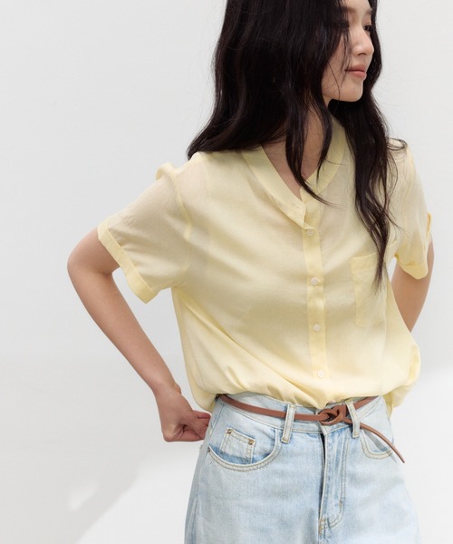 JOCOSA(ジョコサ)の「リネン混 シアーシャツ(シャツ/ブラウス・レディース・ライトブルー/レモンイエロー/ブラウン/ホワイト・L/M)」の4枚目の写真