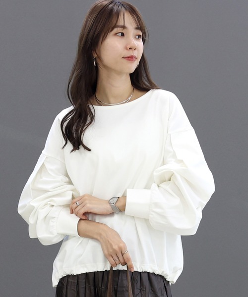 Aletta vita(アレッタビータ)の「バスクボートネック裾ドロストプルオーバー(Tシャツ/カットソー・レディース・ブラウン/オフホワイト/ブラック・M)」の12枚目の写真