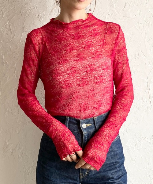 She's Closet(シーズクローゼット)の「長袖 プチハイネック 花柄 シアー レーストップス(Tシャツ/カットソー・レディース・レッド/ブラウン/ブラック/アイボリー・FREE)」の4枚目の写真