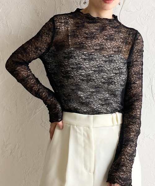 She's Closet(シーズクローゼット)の「長袖 プチハイネック 花柄 シアー レーストップス(Tシャツ/カットソー・レディース・レッド/ブラウン/ブラック/アイボリー・FREE)」の2枚目の写真