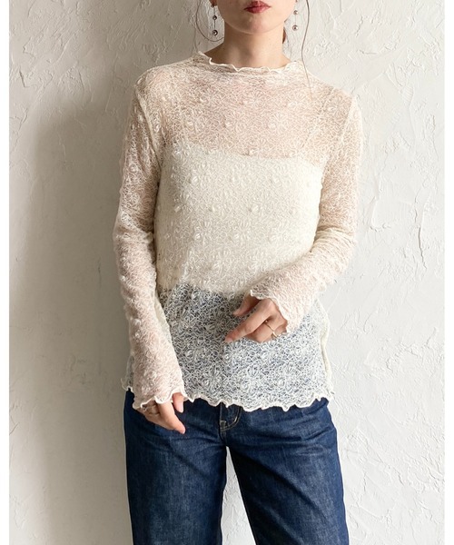 She's Closet(シーズクローゼット)の「長袖 プチハイネック 花柄 シアー レーストップス(Tシャツ/カットソー・レディース・レッド/ブラウン/ブラック/アイボリー・FREE)」の22枚目の写真