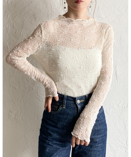 She's Closet(シーズクローゼット)の「長袖 プチハイネック 花柄 シアー レーストップス(Tシャツ/カットソー・レディース・レッド/ブラウン/ブラック/アイボリー・FREE)」の20枚目の写真